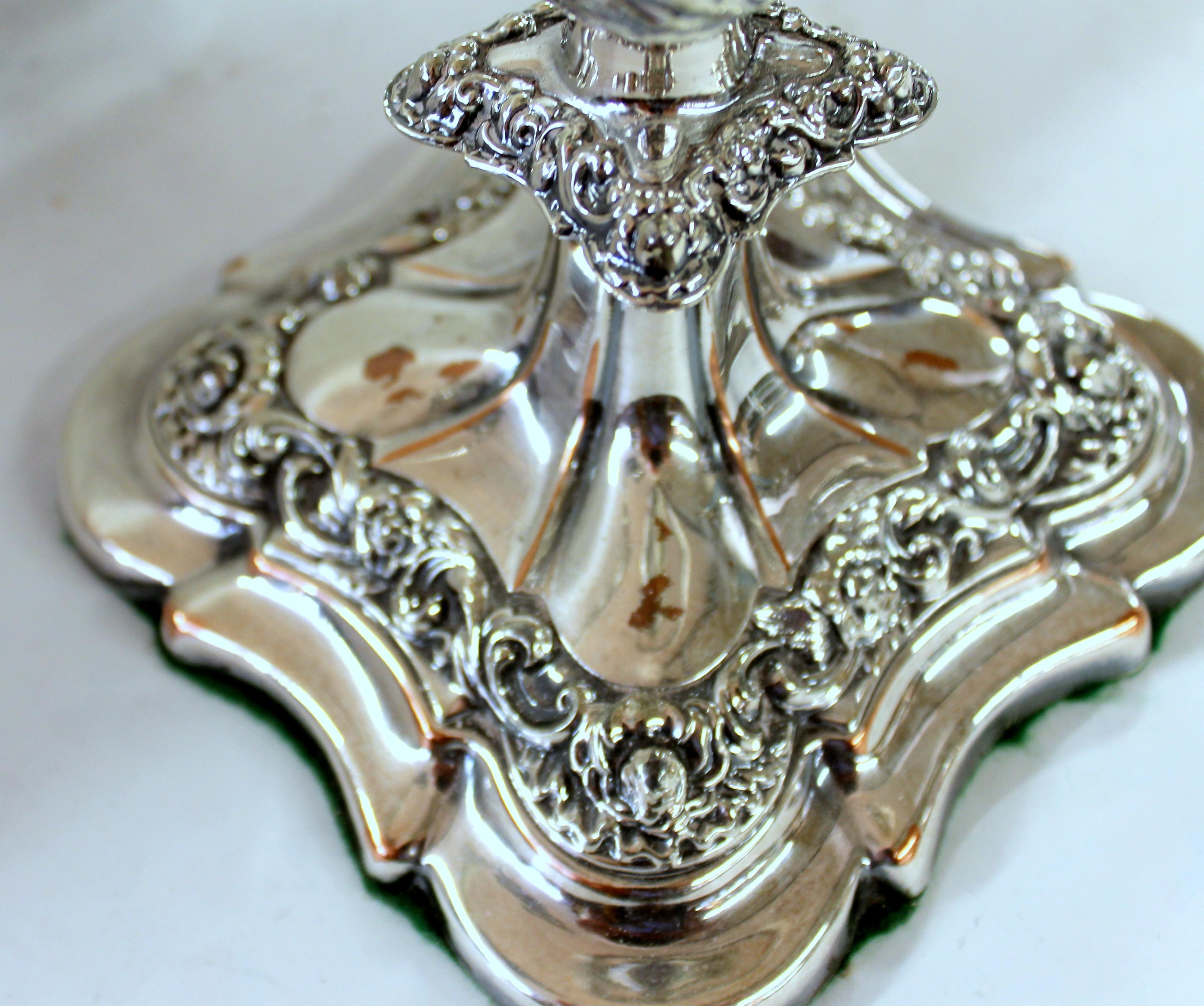 Hand-Crafted Pair of Old English Ellis Silver Plate Rococo Style Three-Light Candelabra For Sale
