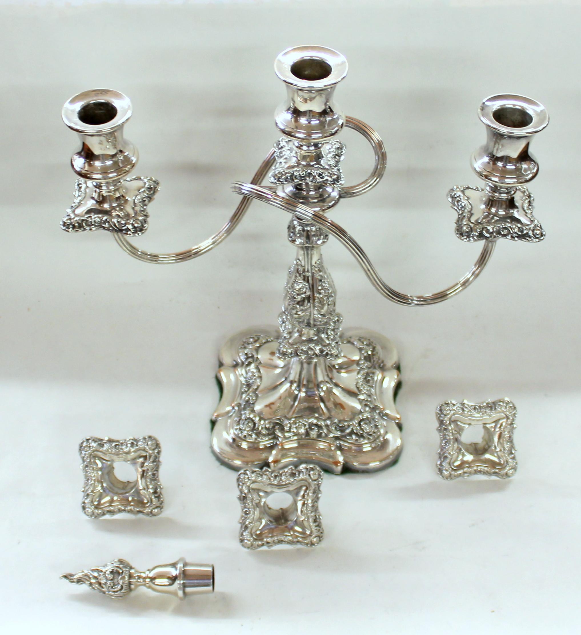Pair of Old English Ellis Silver Plate Rococo Style Three-Light Candelabra For Sale 1
