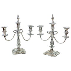 Pair of Old English Ellis Silver Plate Rococo Style Three-Light Candelabra