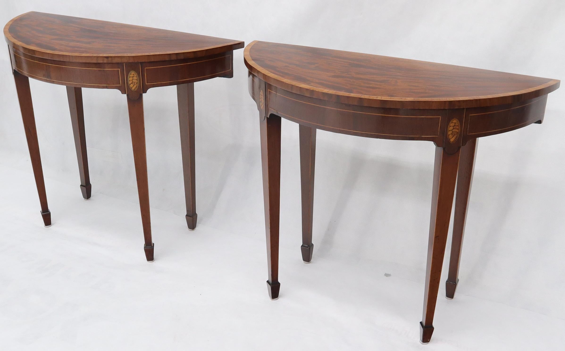 American Pair of Old Flame Mahogany Hepplewhite Style Inlaid Demilune Console Tables