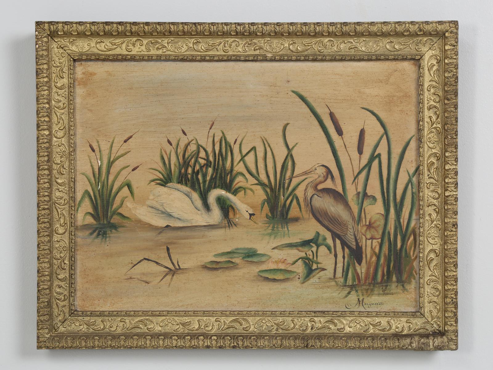 Pair of old French paintings of birds, that look to be from the 1920s. Both of these French oil bird paintings are signed; Marguerite and are on board in their original frames. They have a certain appealing look about them, especially the painting