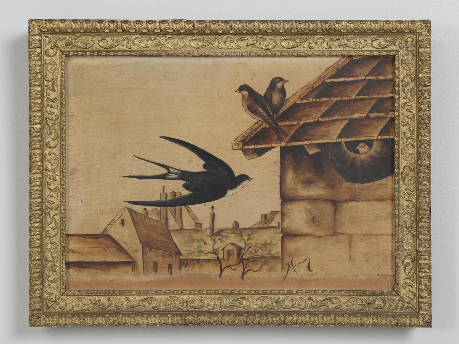 Pair of Old French Bird Oil Paintings by Marguerite, circa 1920s 4