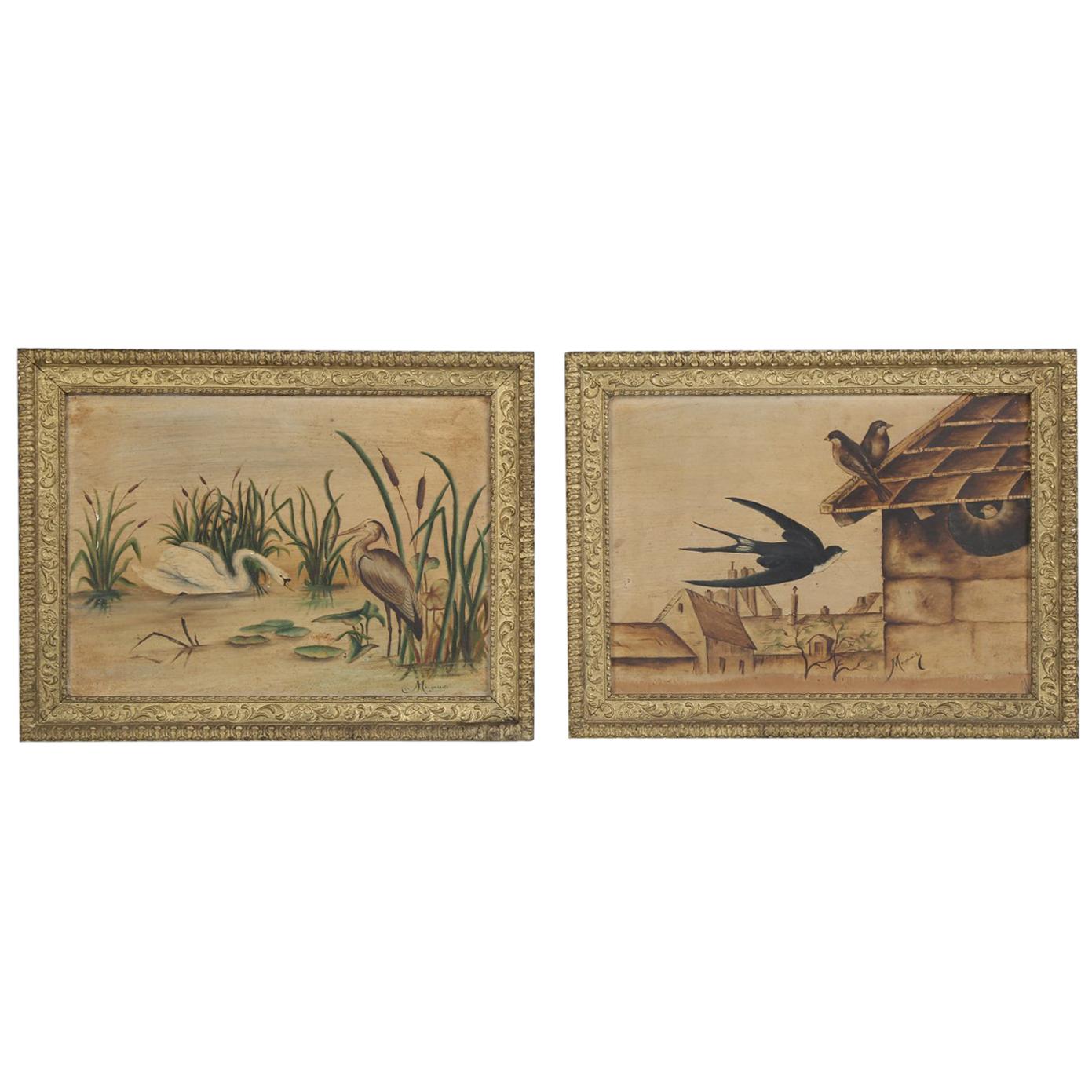 Pair of Old French Bird Oil Paintings by Marguerite, circa 1920s