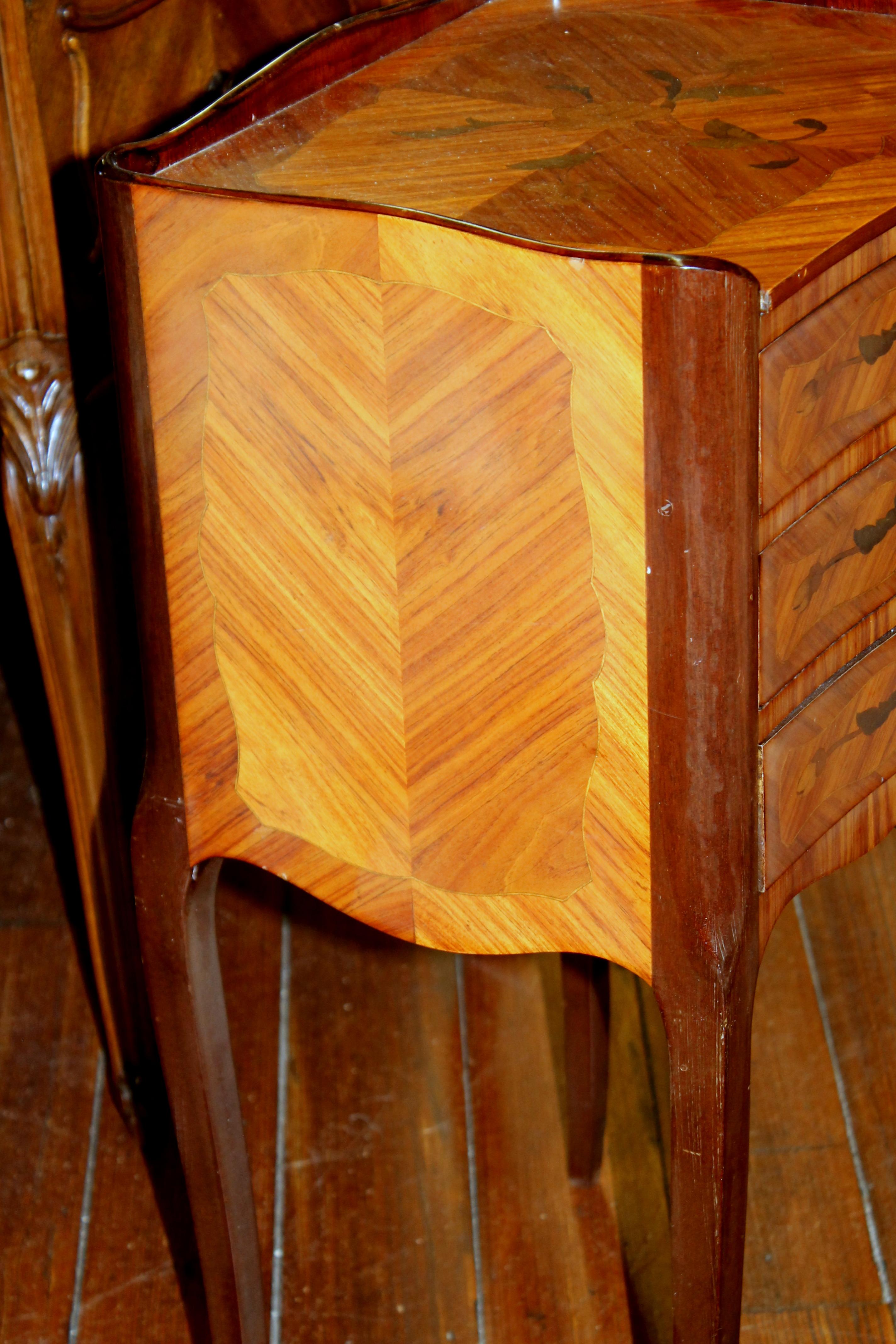 Pair of Old French Louis XV style Marquetry Inlaid Kingwood Bedside Tables 2