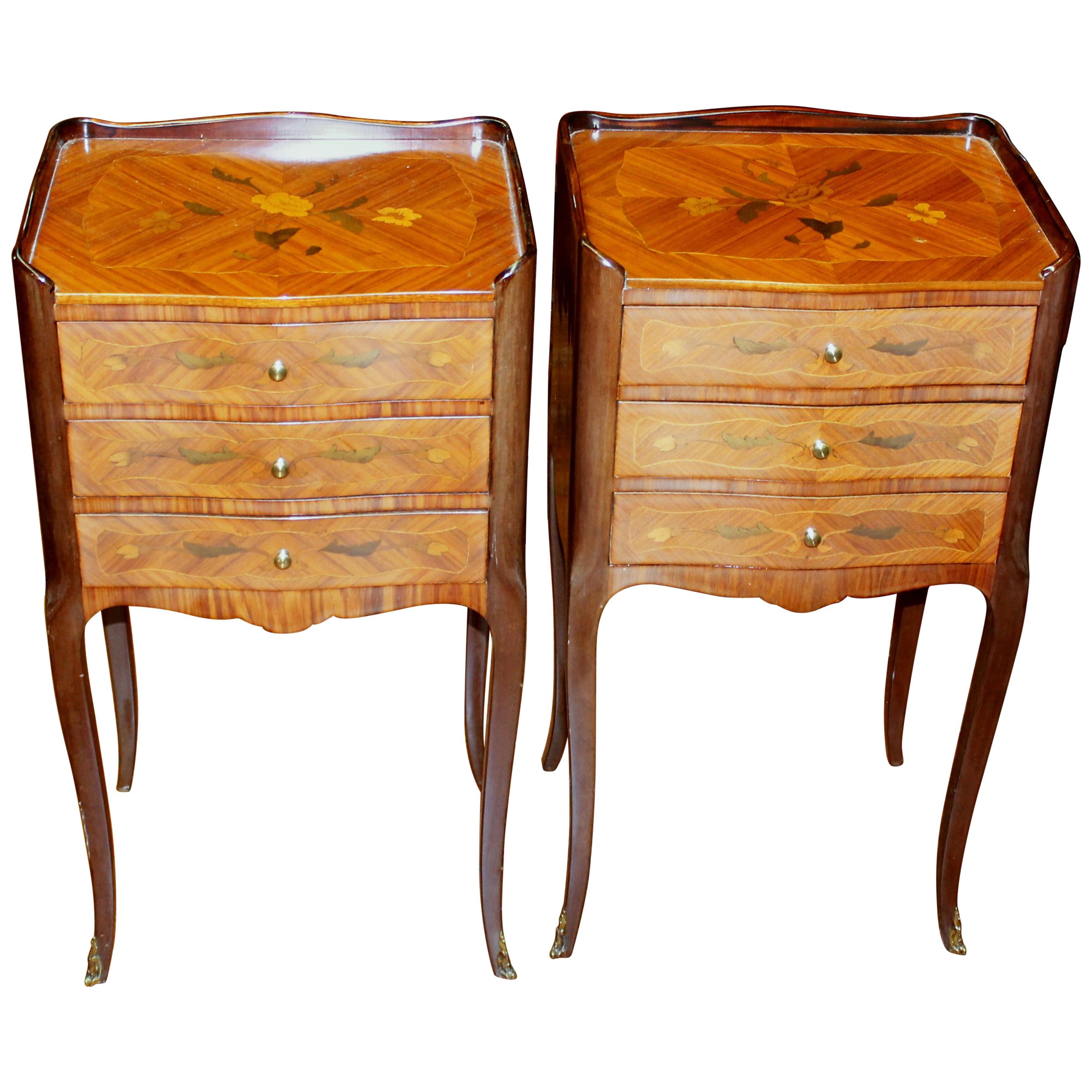 Pair of Old French Louis XV style Marquetry Inlaid Kingwood Bedside Tables