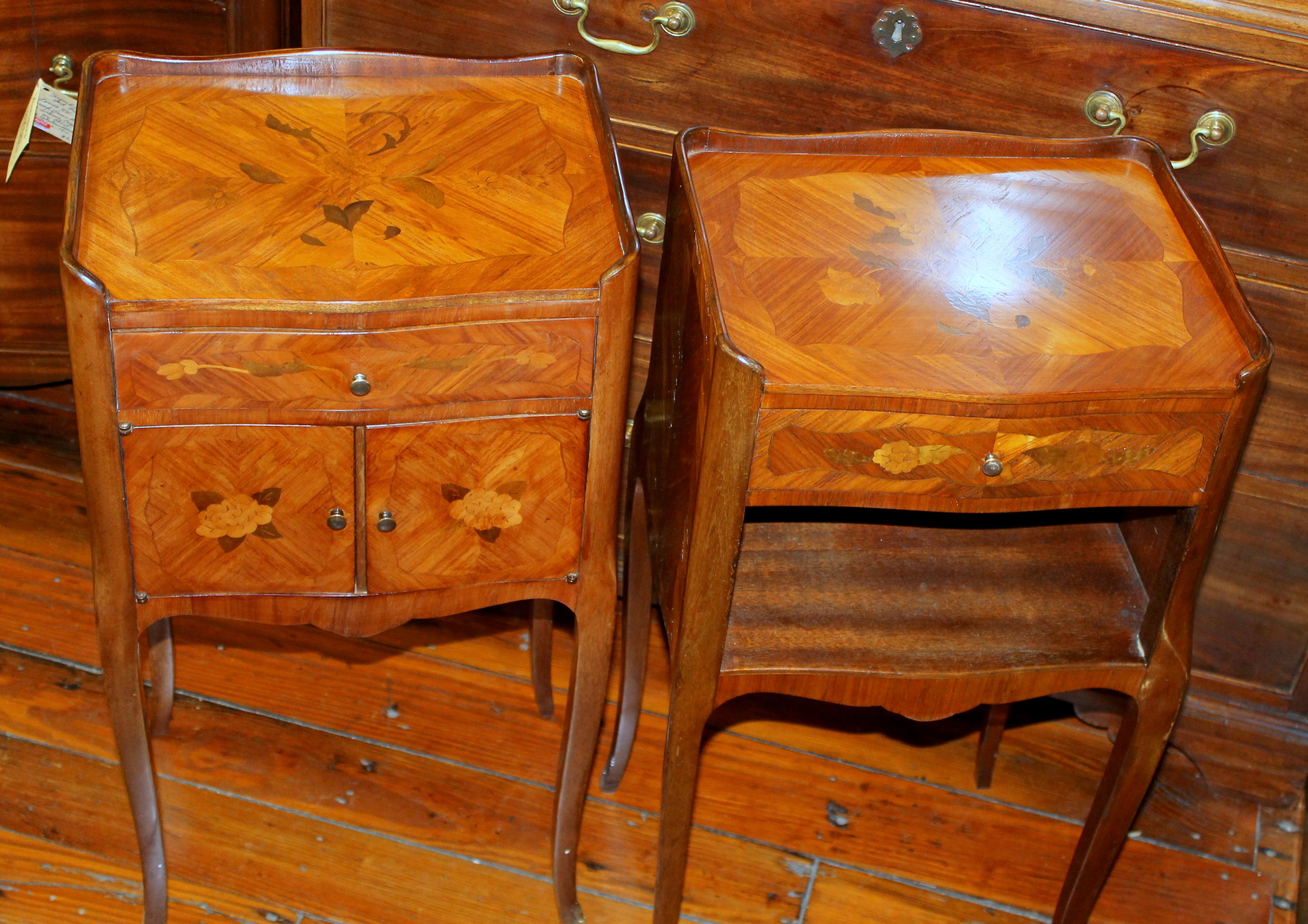 Pair of Old French marquetry inlaid king wood Louis XV style bedside tables

Fine parquetry king wood and marquetry inlay. True color of tables is much 