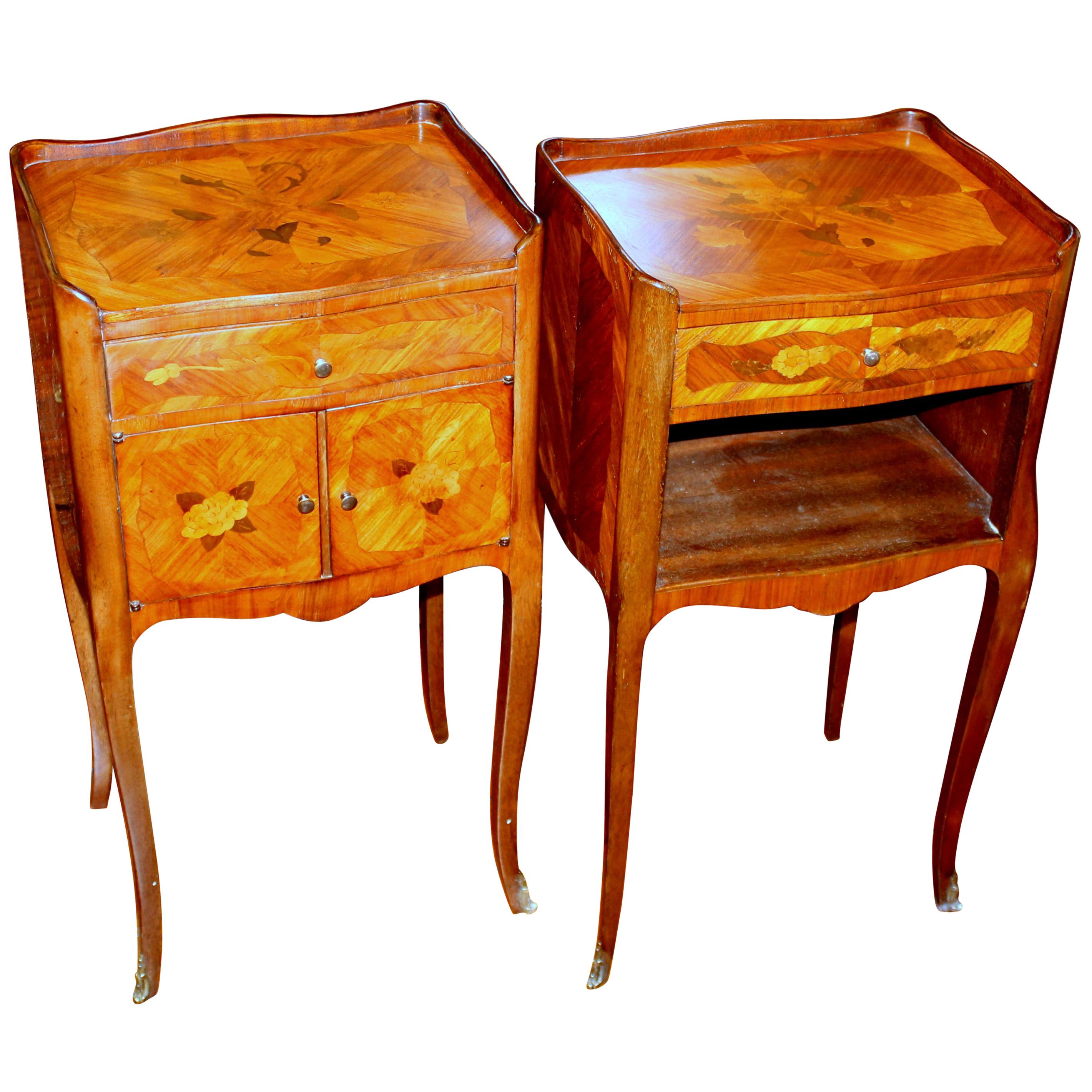 Pair of Old French Marquetry Inlaid King Wood Louis XV Style Bedside Tables