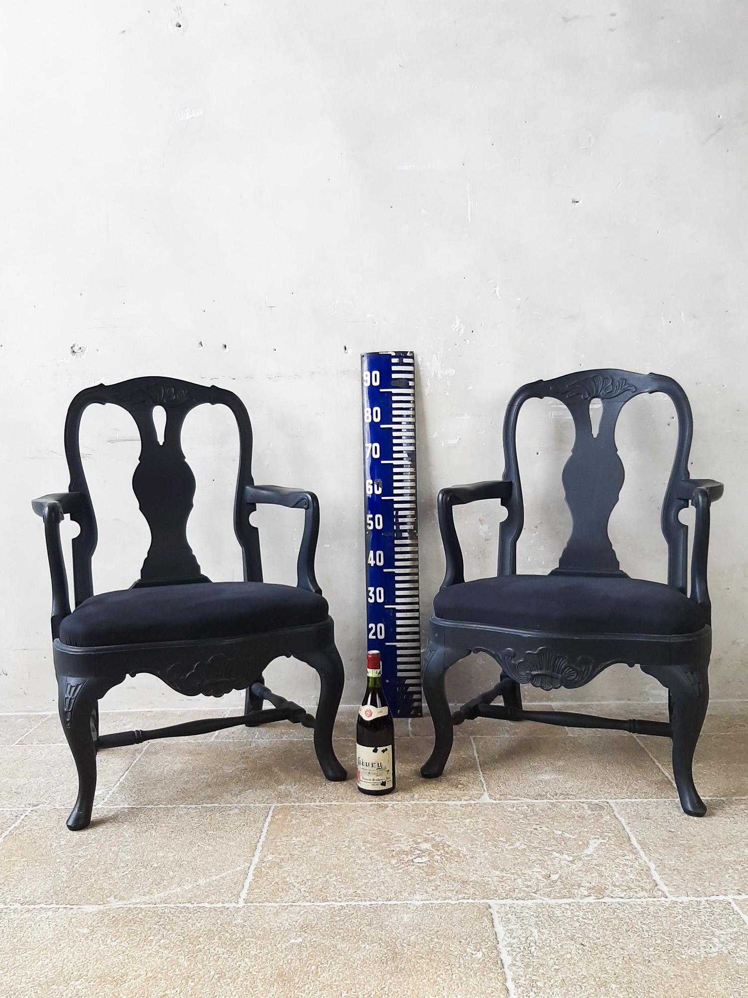 Swedish Pair of Old French Renovated Armchairs in Black For Sale