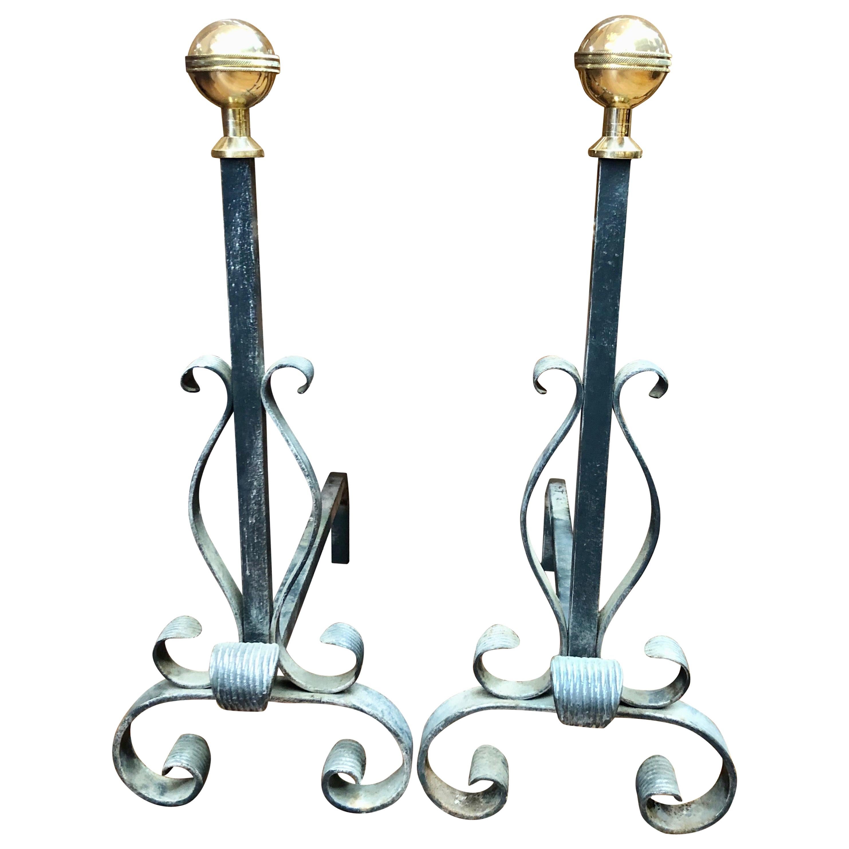 Pair of Old Handcrafted Wrought Iron Scrolled Leaf and Brass Ball Andirons