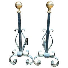 Pair of Old Handcrafted Wrought Iron Scrolled Leaf and Brass Ball Andirons
