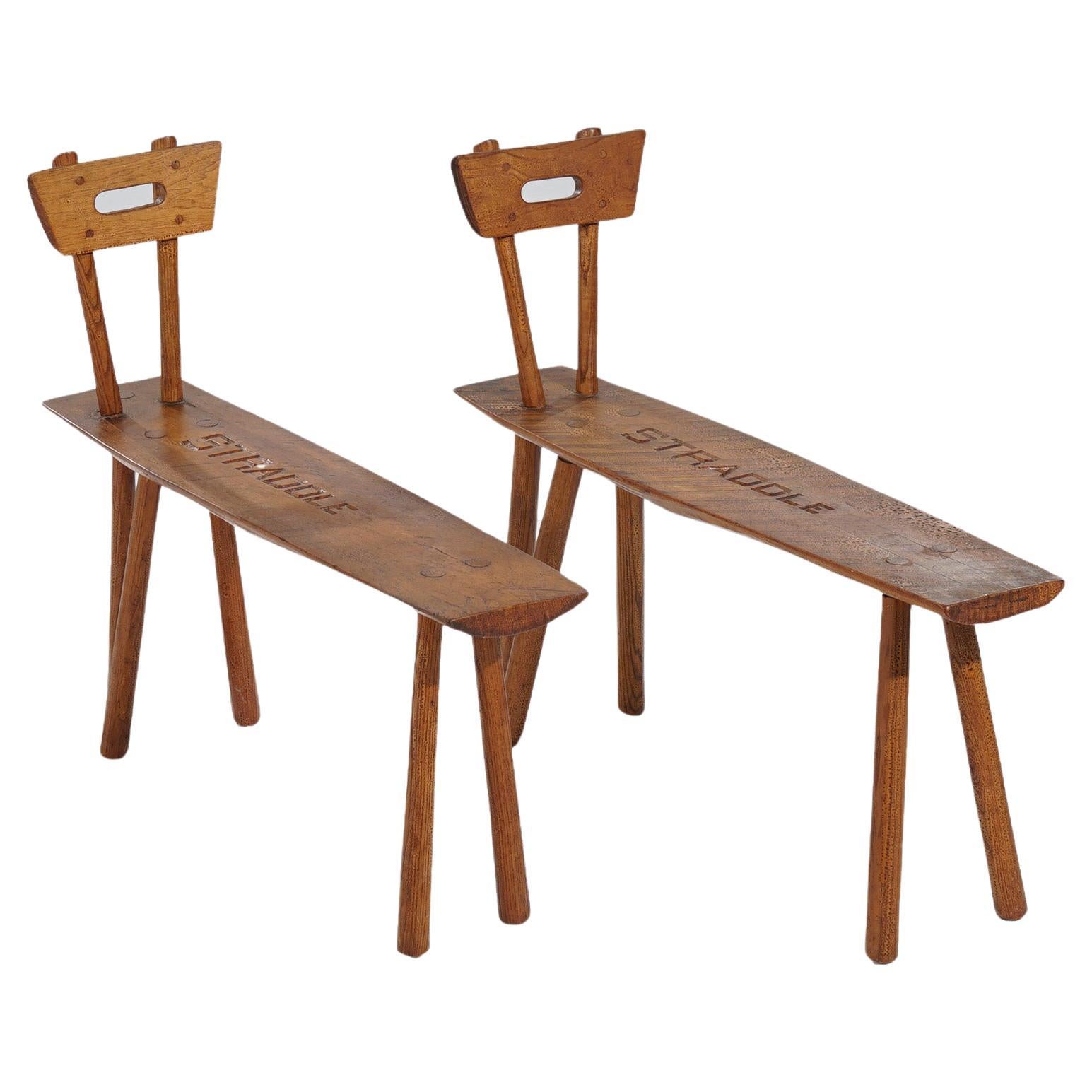 Pair of Old Hickory Adirondack Straddle Benches 20th C For Sale