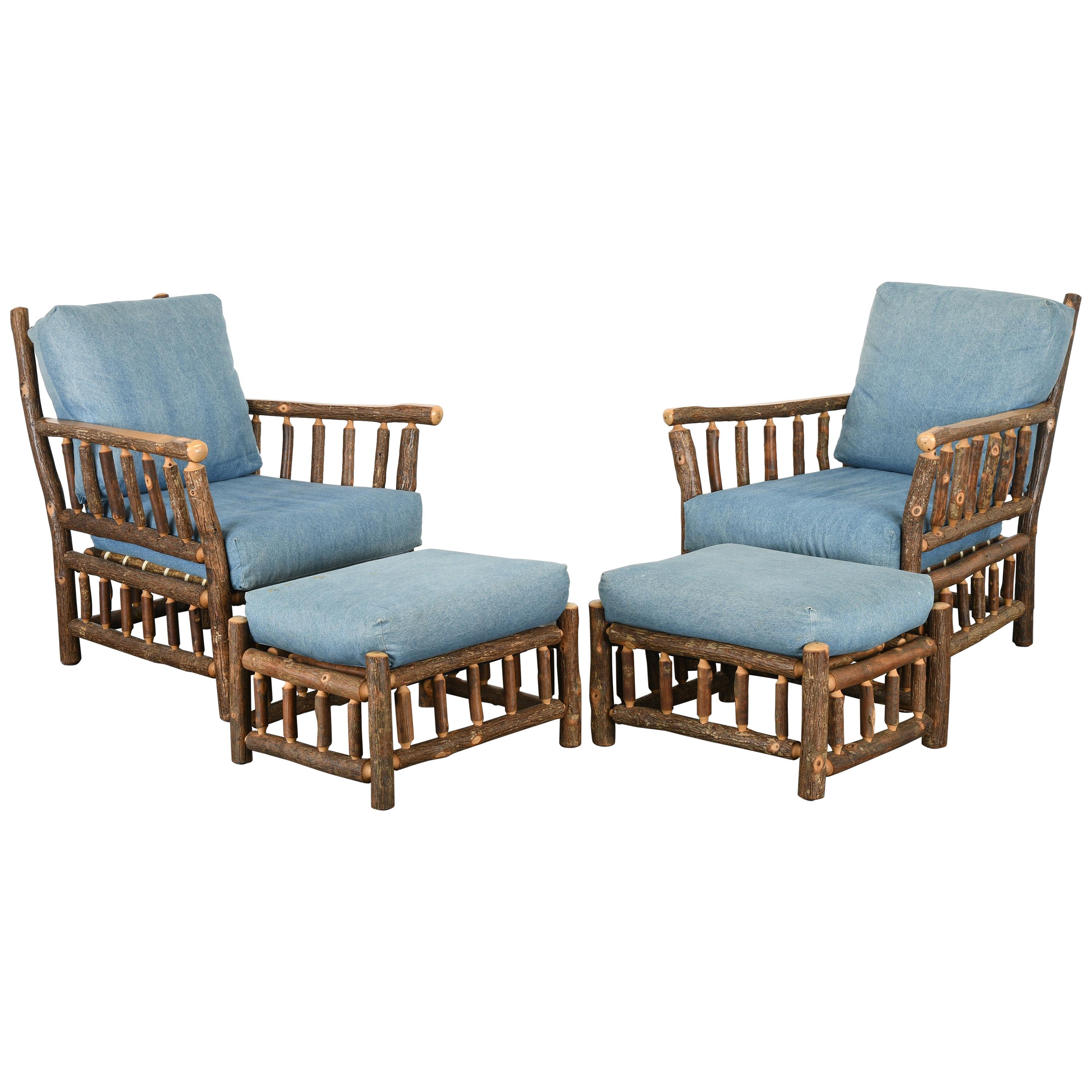 Pair of Old Hickory "Asheville" Chairs and Ottomans, 20th Century