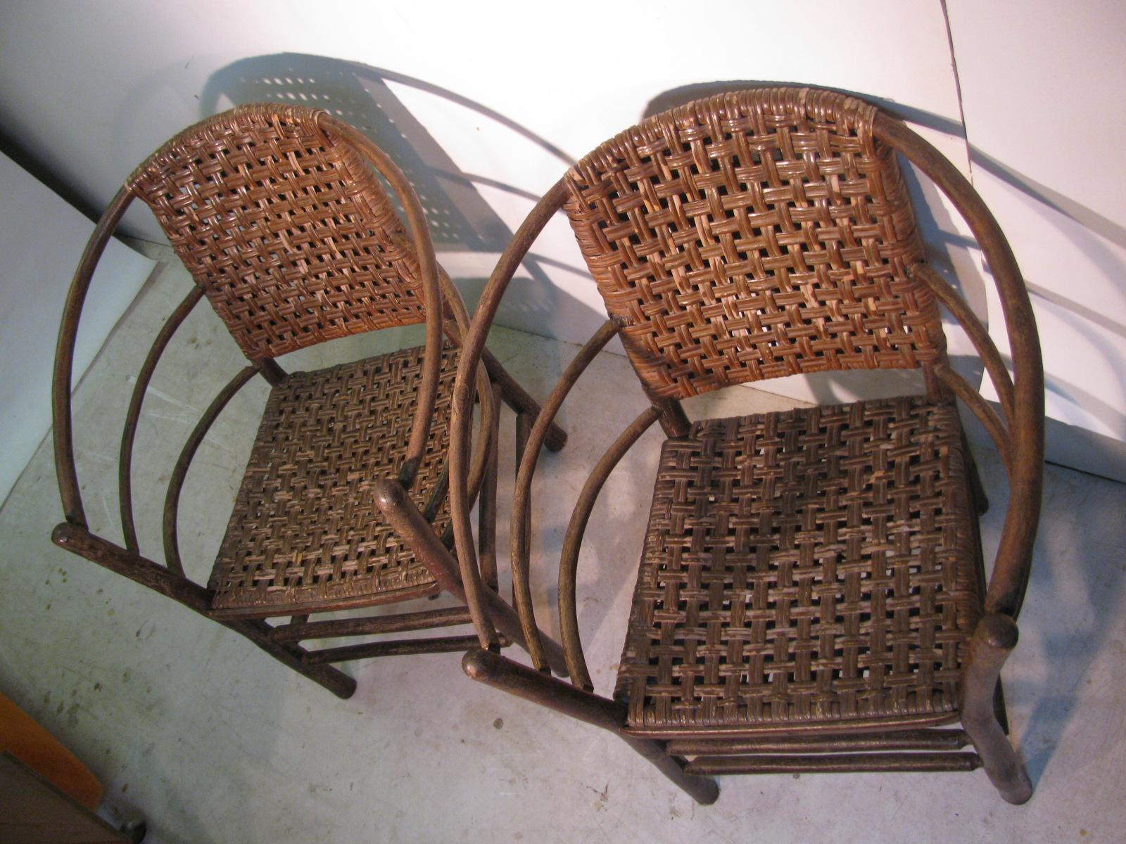 Fantastic pair of barrel back Old Hickory ash splint lounge chairs. Both chairs are stamped as pictured Old Hickory Martinsville Indiana. Minor wear, mostly to finish, very sturdy with no breaks. Price is for the pair.
