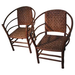 Retro Pair of Old Hickory Barrel Back Ash Splint Armchairs