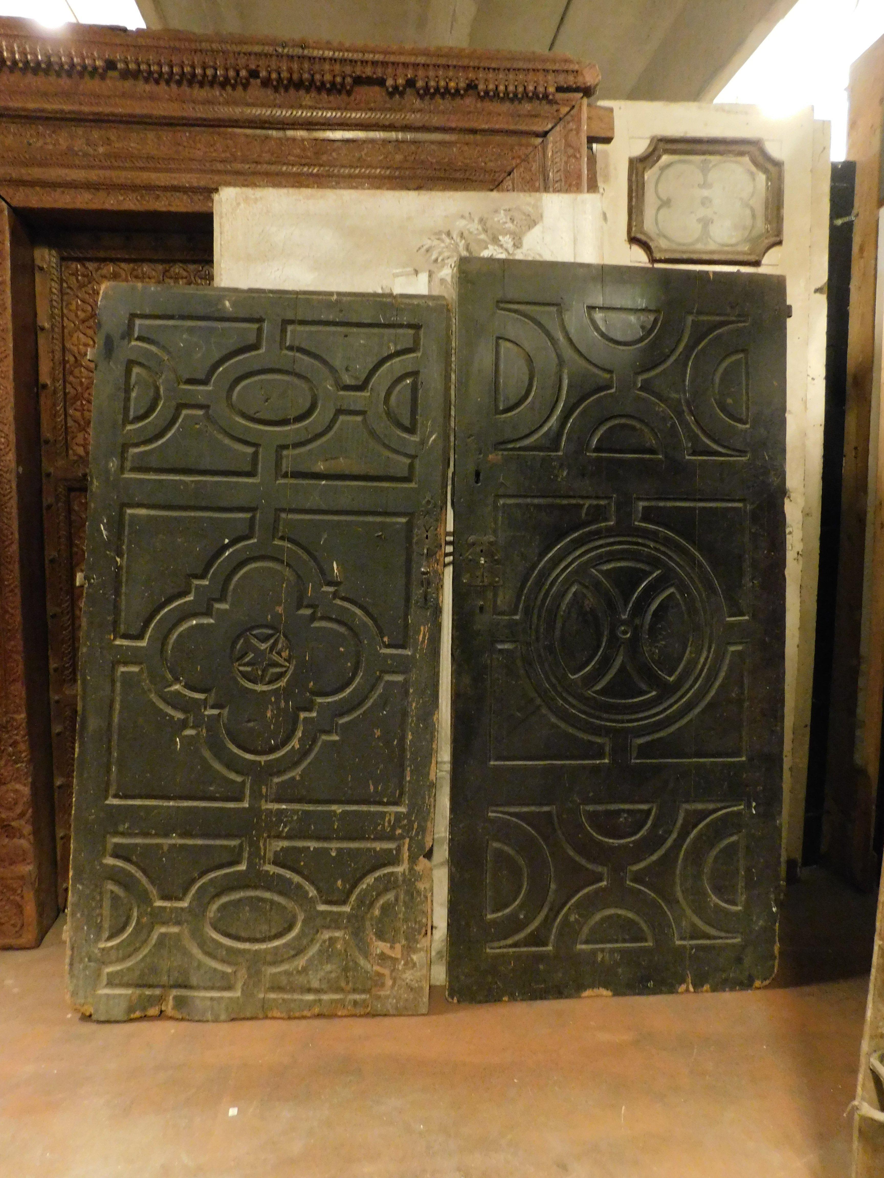 Italian Pair of old interior doors, black lacquered and carved, Italy