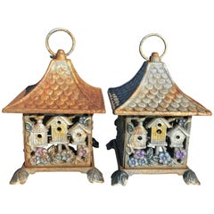 Pair of Old Japanese "12 Bird Houses" Hand Cast Garden Lighting Lanterns