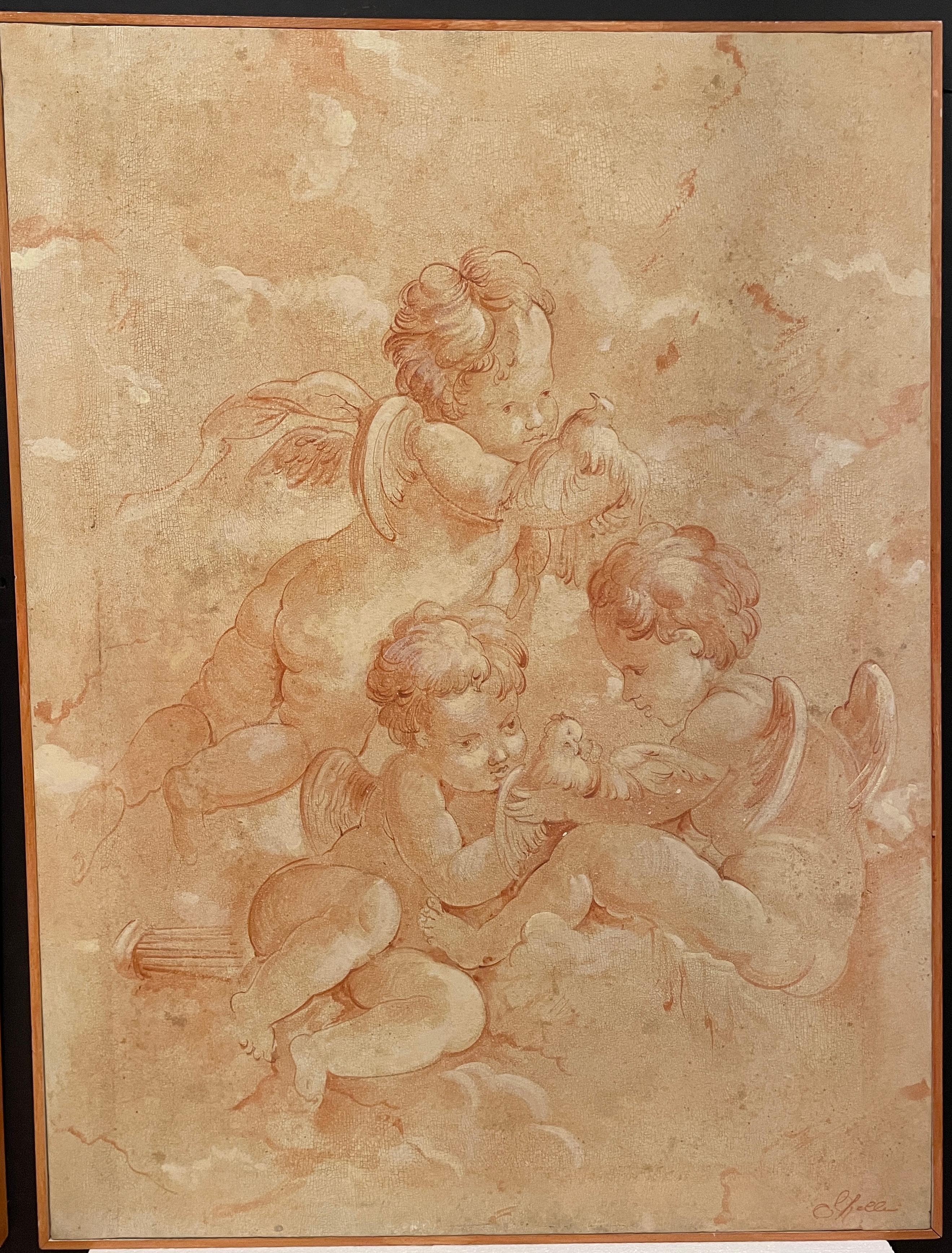 Vintage sepia drawing on canvas in the style of French and Italian Old Masters.