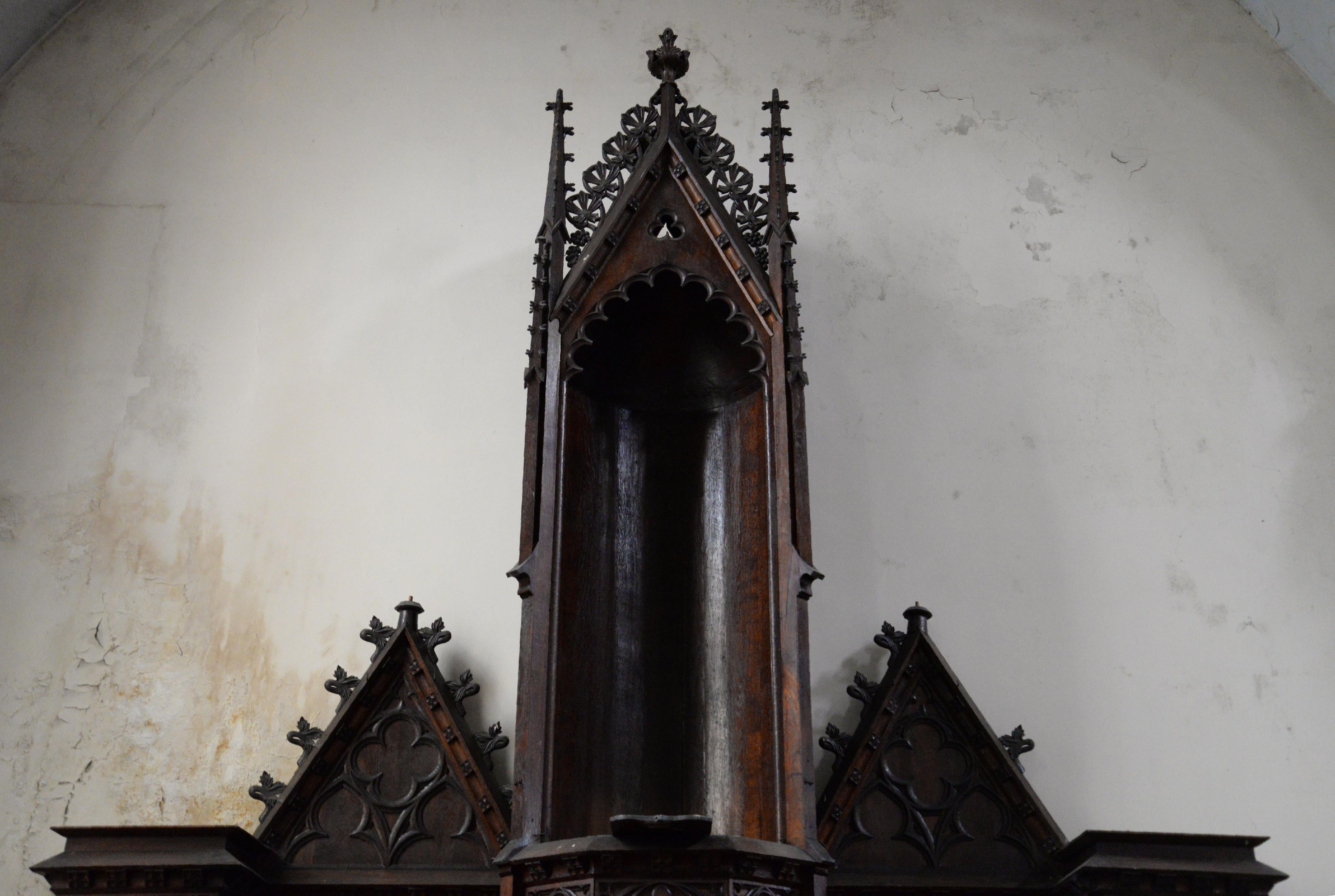 Pair of antique Neo-Gothic style oak church altars.