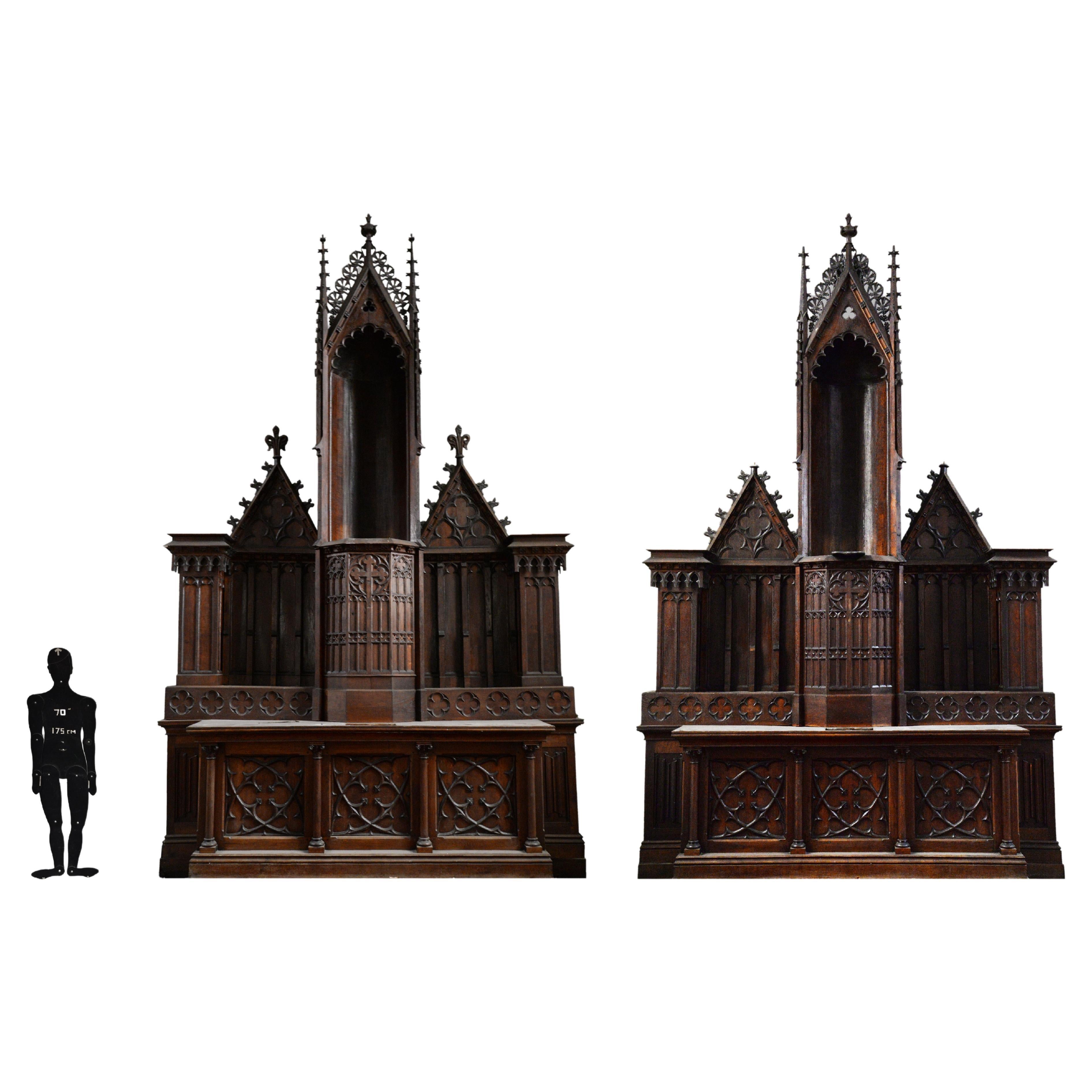 Pair of Old Oak Church Altars in the Neo-Gothic Style For Sale