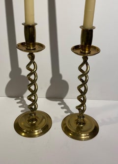 Pair of Old Open Twist Brass Candlesticks from England