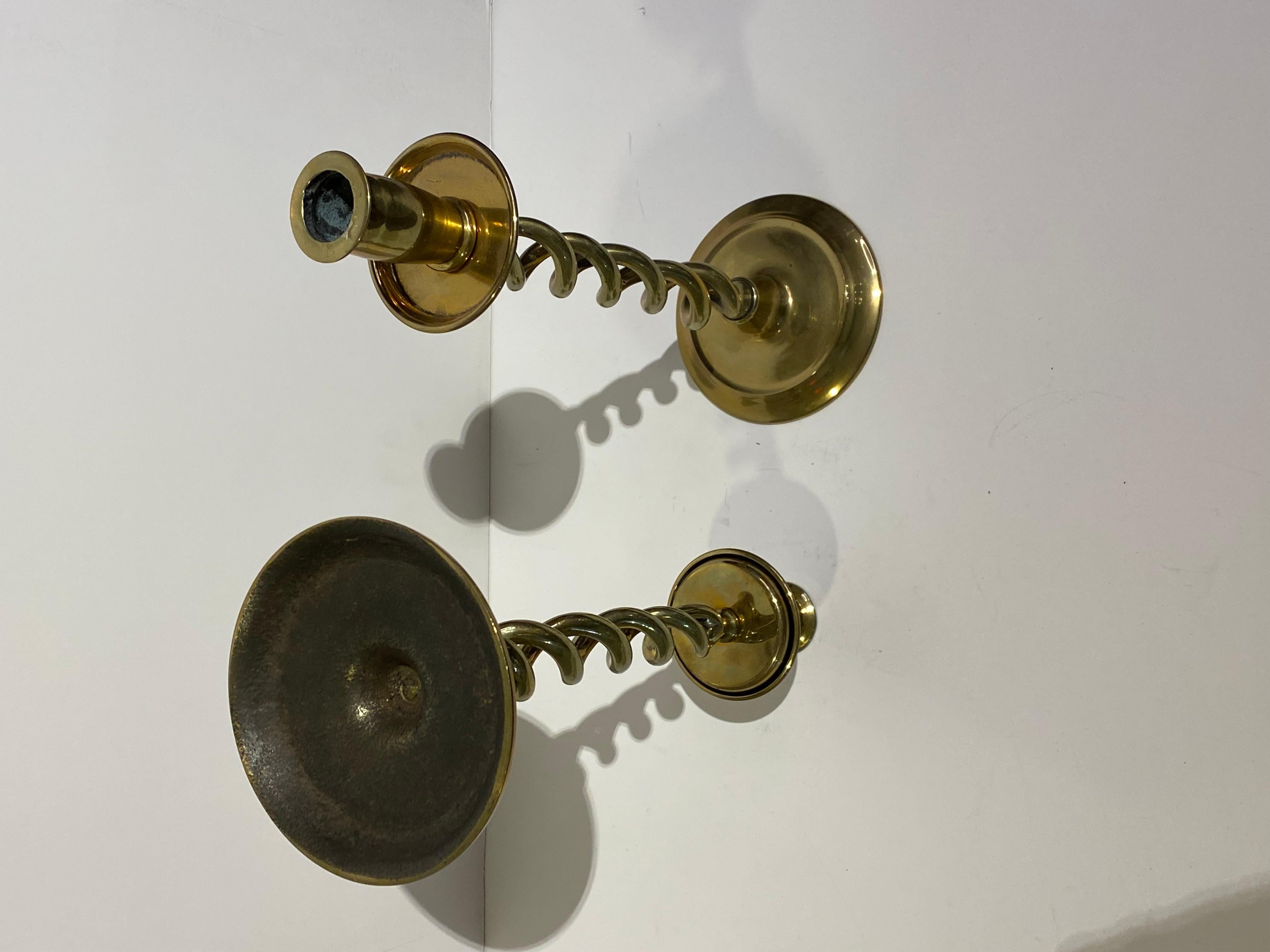 19th Century Pair of Old Open Twist Brass Candlesticks from England For Sale
