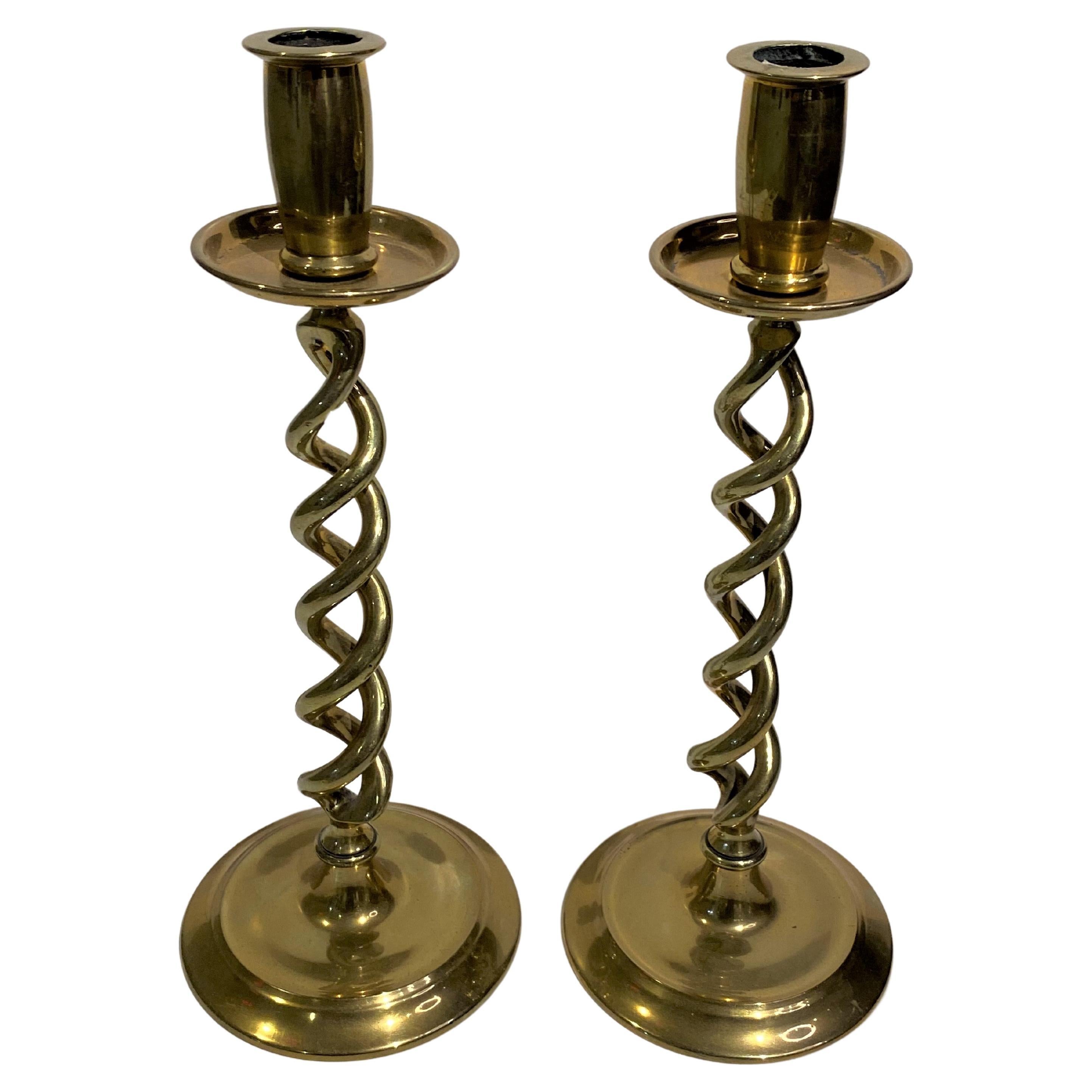 Pair of Old Open Twist Brass Candlesticks from England For Sale