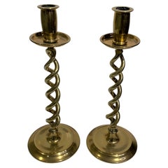 Pair of Old Open Twist Brass Candlesticks from England