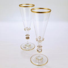 Pair of Old or Antique Bohemian Glass Champagne Flutes with Applied Knops