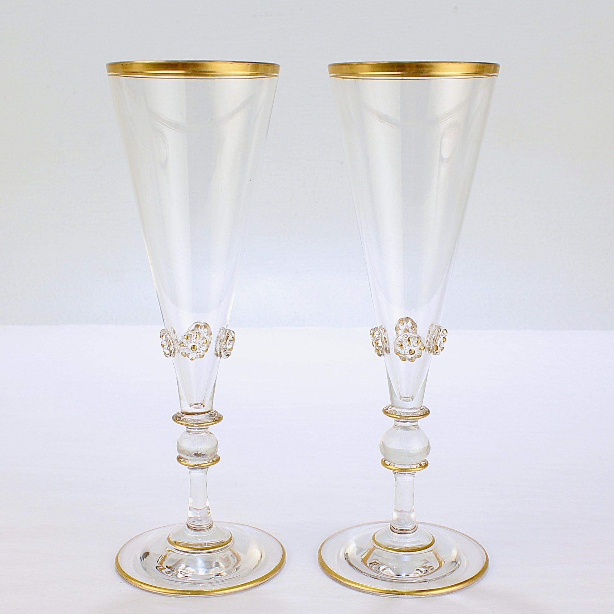 Renaissance Pair of Old or Antique Bohemian Glass Champagne Flutes with Applied Knops