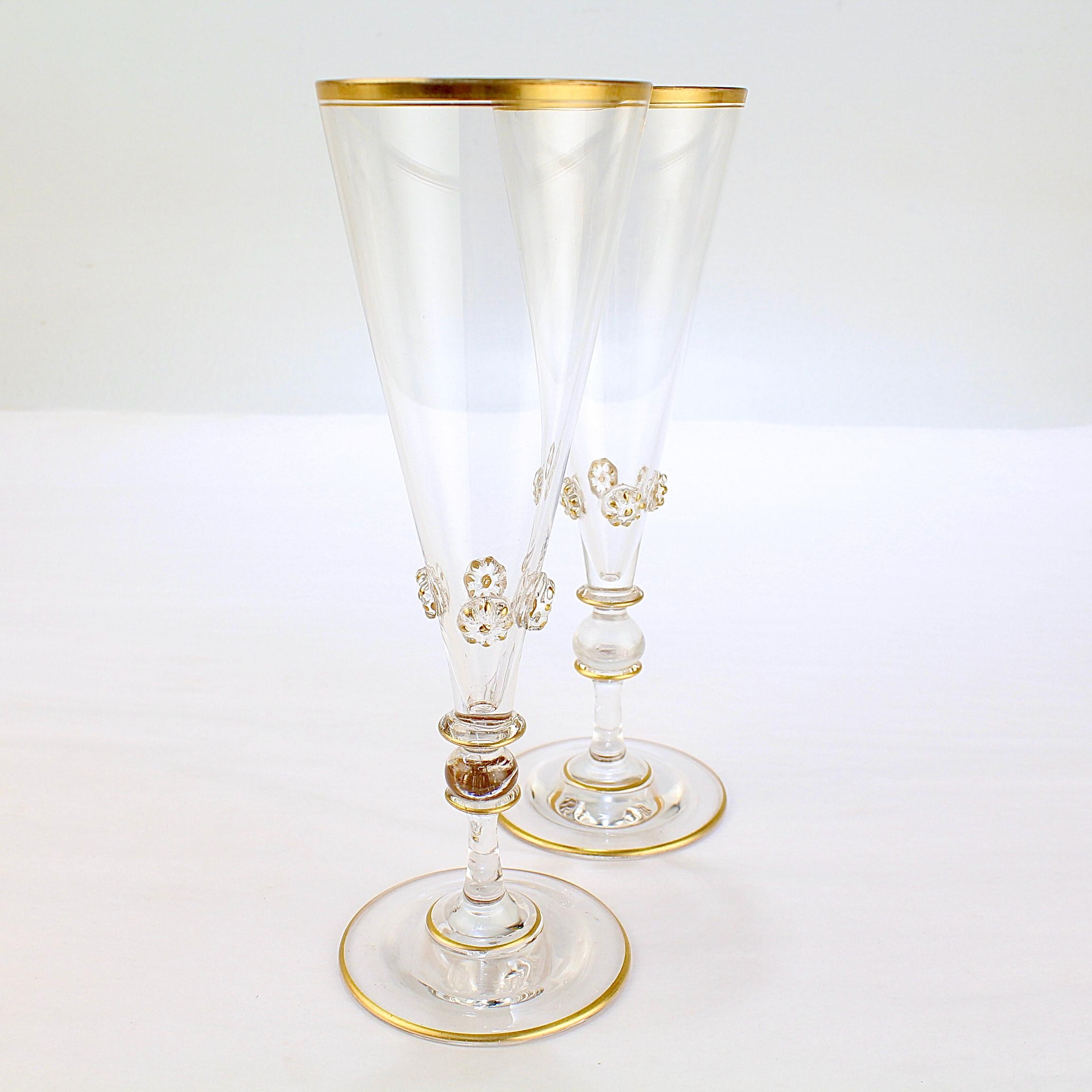 Czech Pair of Old or Antique Bohemian Glass Champagne Flutes with Applied Knops