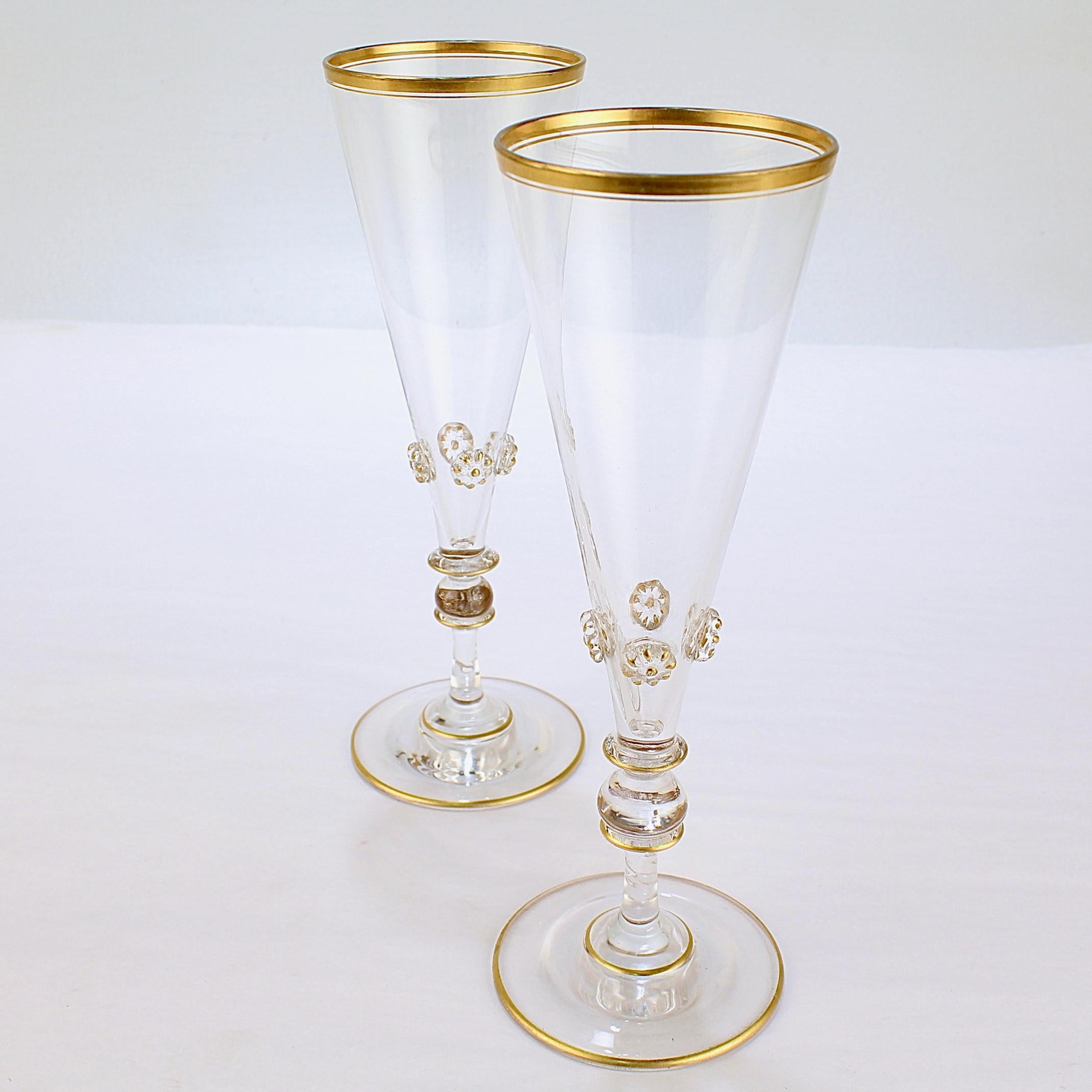 Pair of Old or Antique Bohemian Glass Champagne Flutes with Applied Knops In Good Condition In Philadelphia, PA