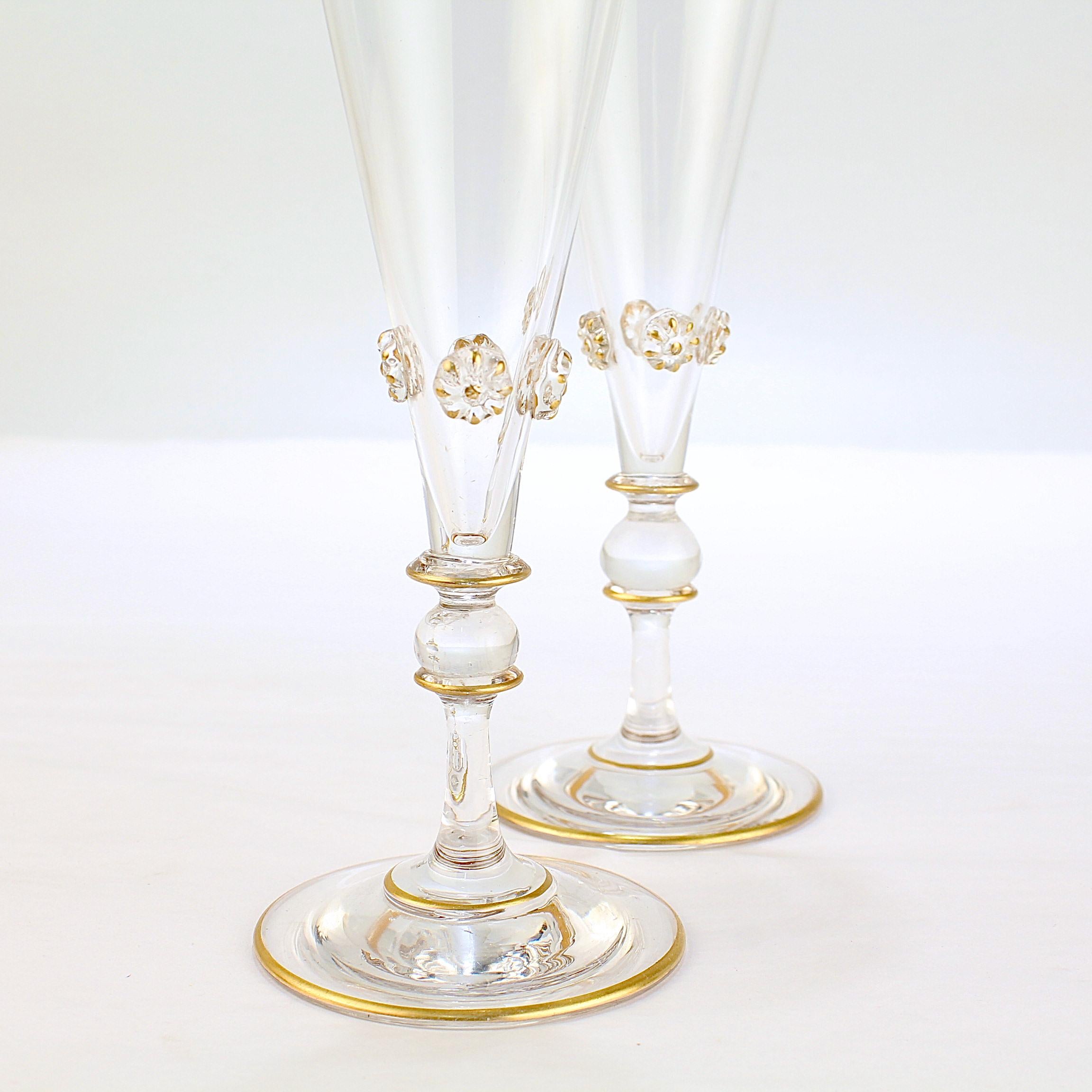 Pair of Old or Antique Bohemian Glass Champagne Flutes with Applied Knops 1