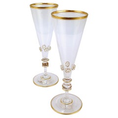 Pair of Old or Antique Bohemian Glass Champagne Flutes with Applied Knops
