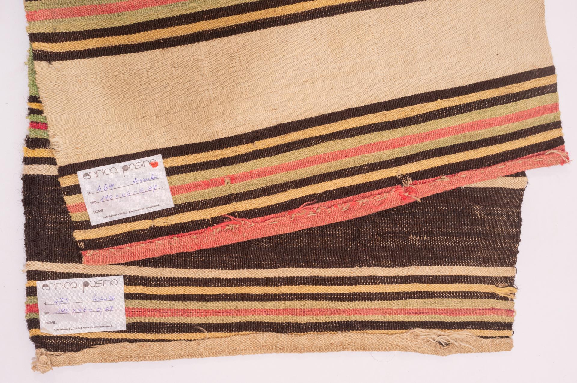 nr. 469 and 473 -  Pair of old oriental kilim stripes.  They can be joined together (on request) or used as covering for benches and cushions.  There are some small holes, easily maskable, but they are antique!
The price, moreover, is really good.