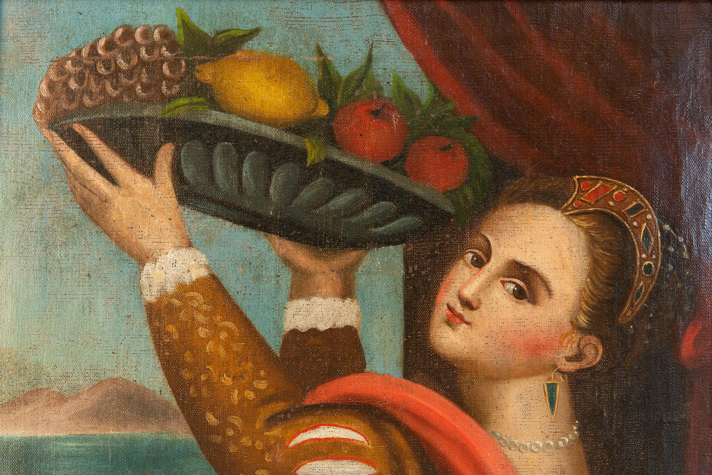 O/7418 - Intéressante paire de tableaux anciens reproduisant les très célèbres œuvres de Tiziano Vecellio : son  fille sous les traits d'une noble et d'une roturière. Mais en  1555 Tiziano ne rétracte sa fille que comme une noble avec une corbeille