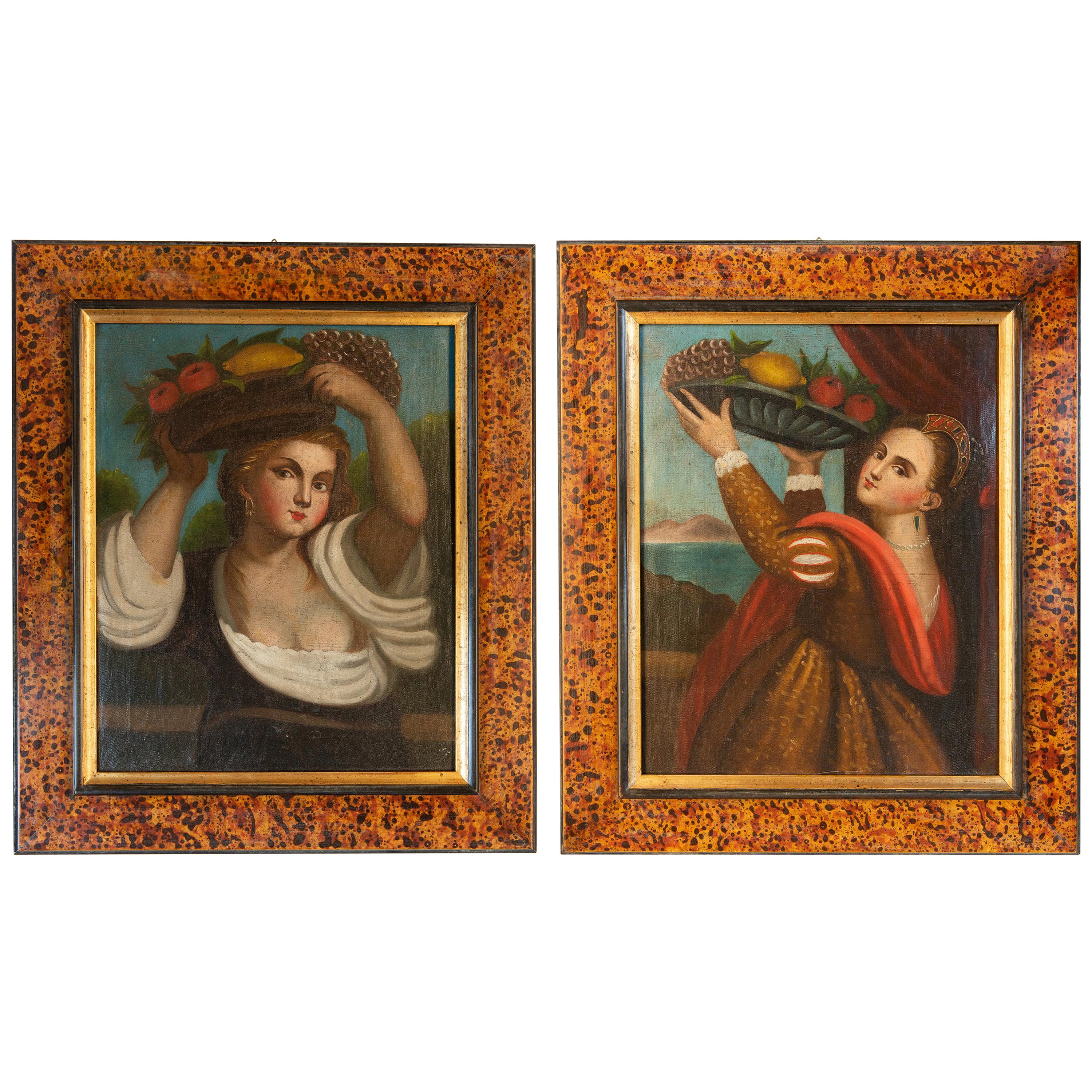 Ein Paar alte Gemälde, die „Lavinia aus Tiziano“ darstellen im Angebot