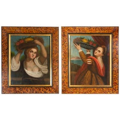 Antique Pair of Old Paintings Reproducing "Lavinia from Tiziano"