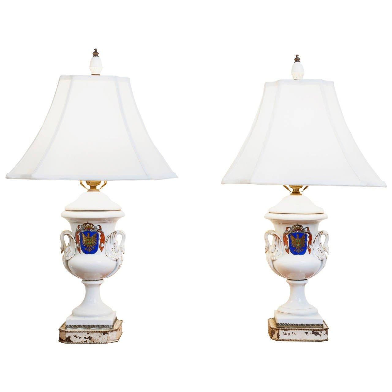 Neoclassical Pair of Old Paris Armorial Urn Lamps, 19th Century France For Sale