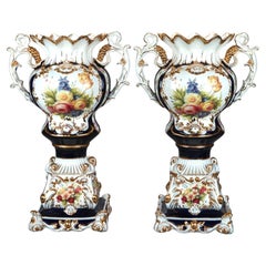 Pair of Old Paris Floral Enameled & Gilt Porcelain Urns 20thC