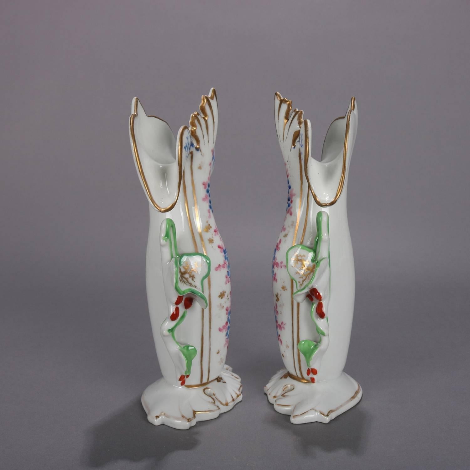 Pair of Old Paris Hand-Painted and Gilt Floral Form Porcelain Spill Vases In Good Condition In Big Flats, NY