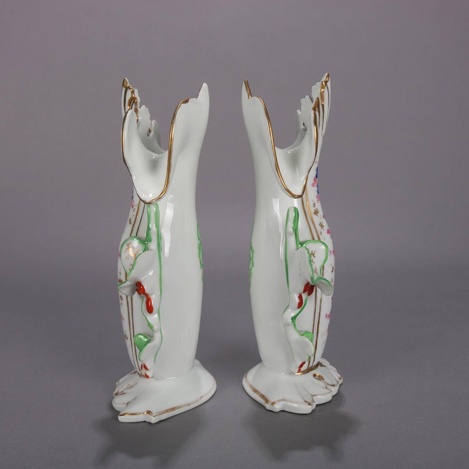 Pair of Old Paris Hand-Painted and Gilt Floral Form Porcelain Spill Vases 2