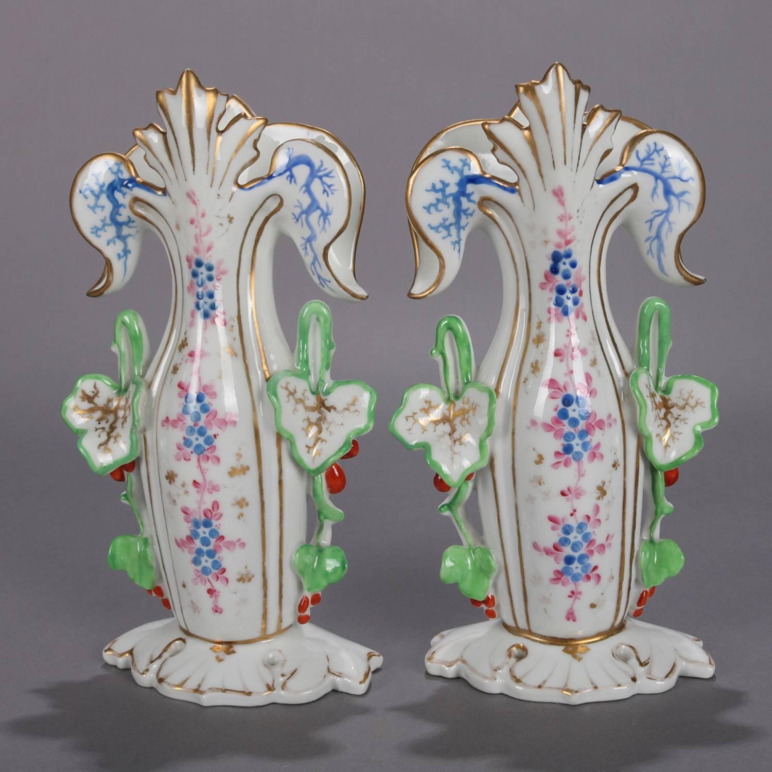 Pair of Old Paris Hand-Painted and Gilt Floral Form Porcelain Spill Vases 3