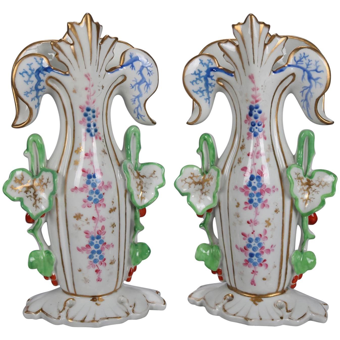 Pair of Old Paris Hand-Painted and Gilt Floral Form Porcelain Spill Vases