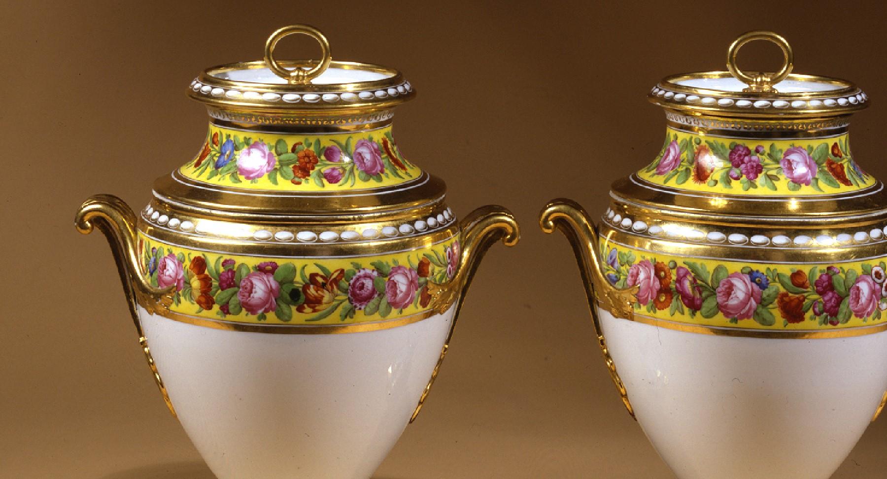 Empire Pair of “Old Paris” Porcelain Coolers, Yellow Bands, Floral Wreaths For Sale