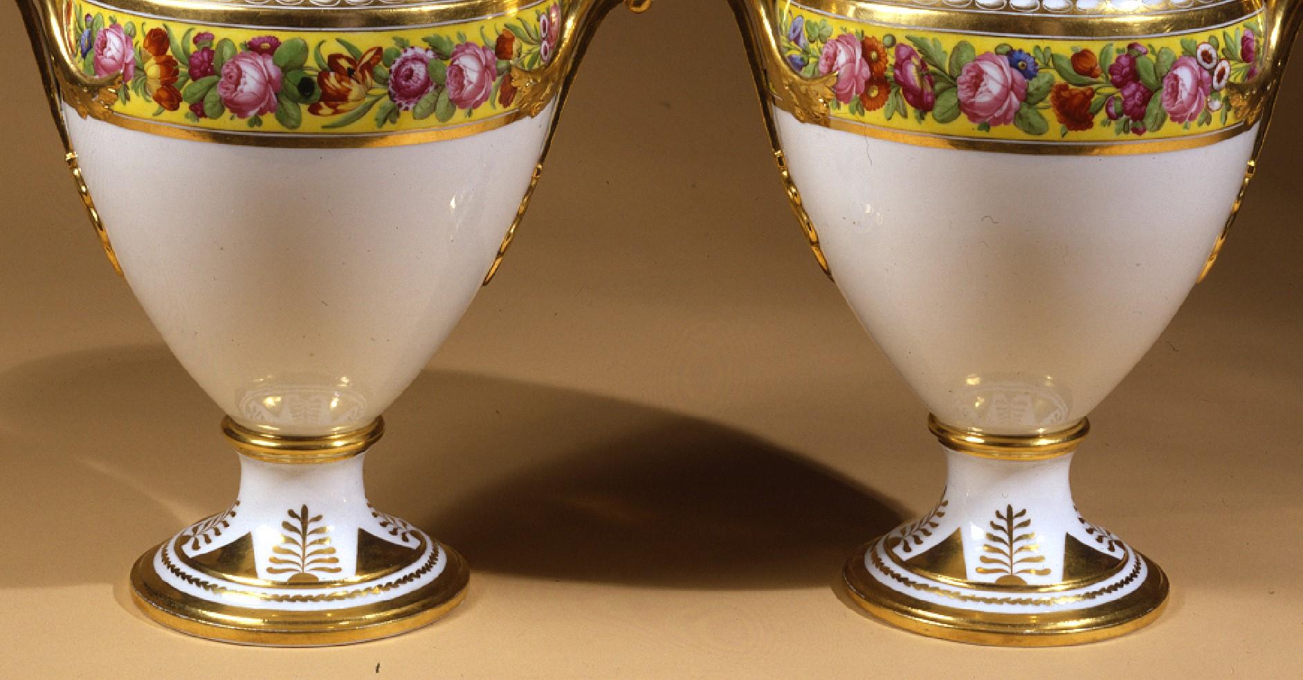 Gilt Pair of “Old Paris” Porcelain Coolers, Yellow Bands, Floral Wreaths For Sale