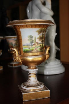 Pair of Old Paris Porcelain Crater Vases with Landscapes and Figures