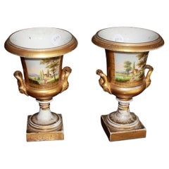 Pair of Old Paris Porcelain Crater Vases with Landscapes and Figures