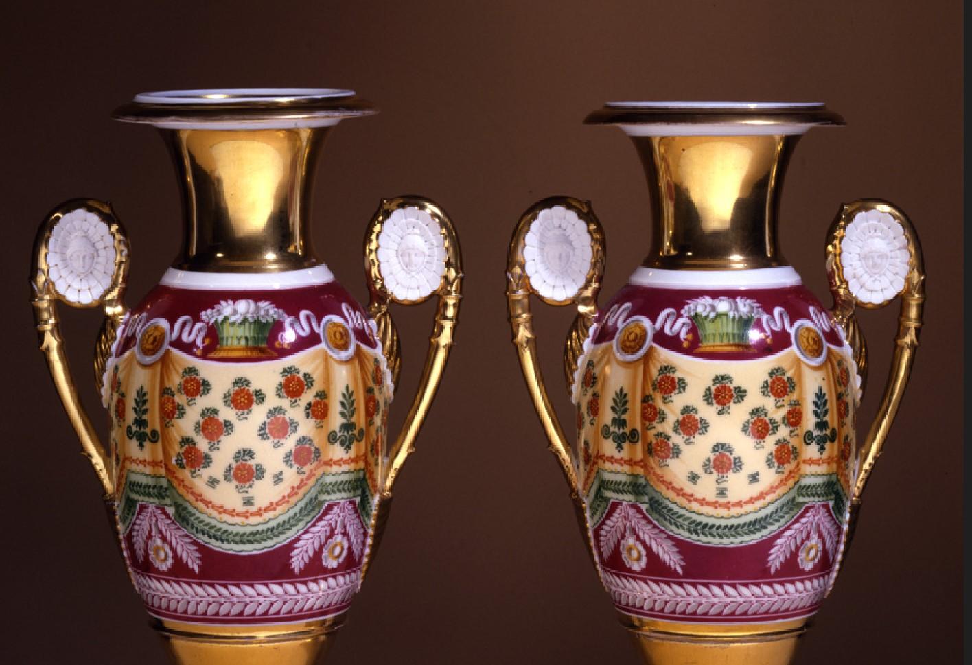 French
Pair “Old Paris” Porcelain Vases with Drapery Decoration, about 1820
Porcelain, painted and gilded
13 1/16 in. high

CONDITION:  Small repair to one handle of one vase.  A small chip on the upper rim of the lower section of the second