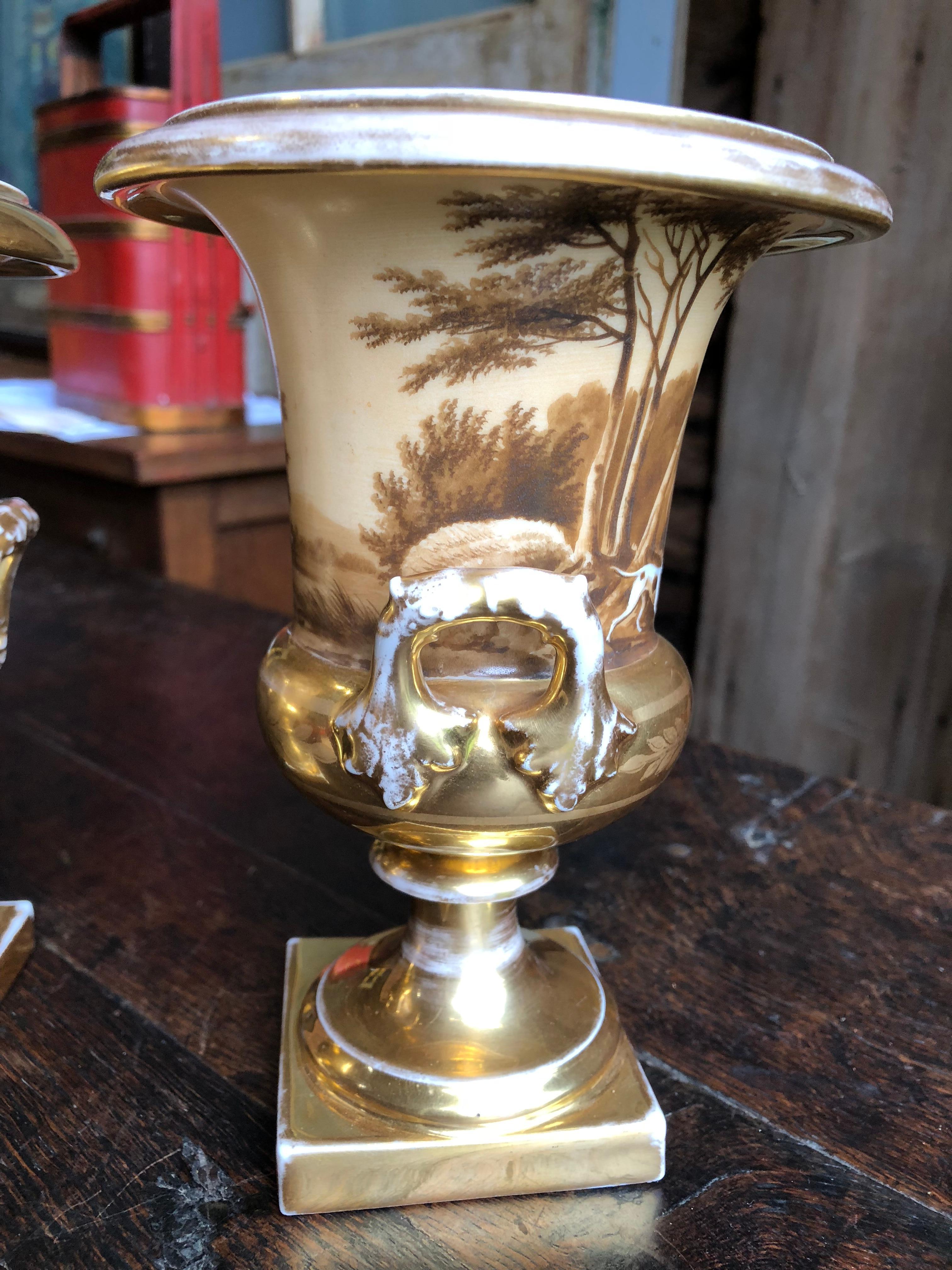 Pair of Old Paris Urns, Hunting Theme 4