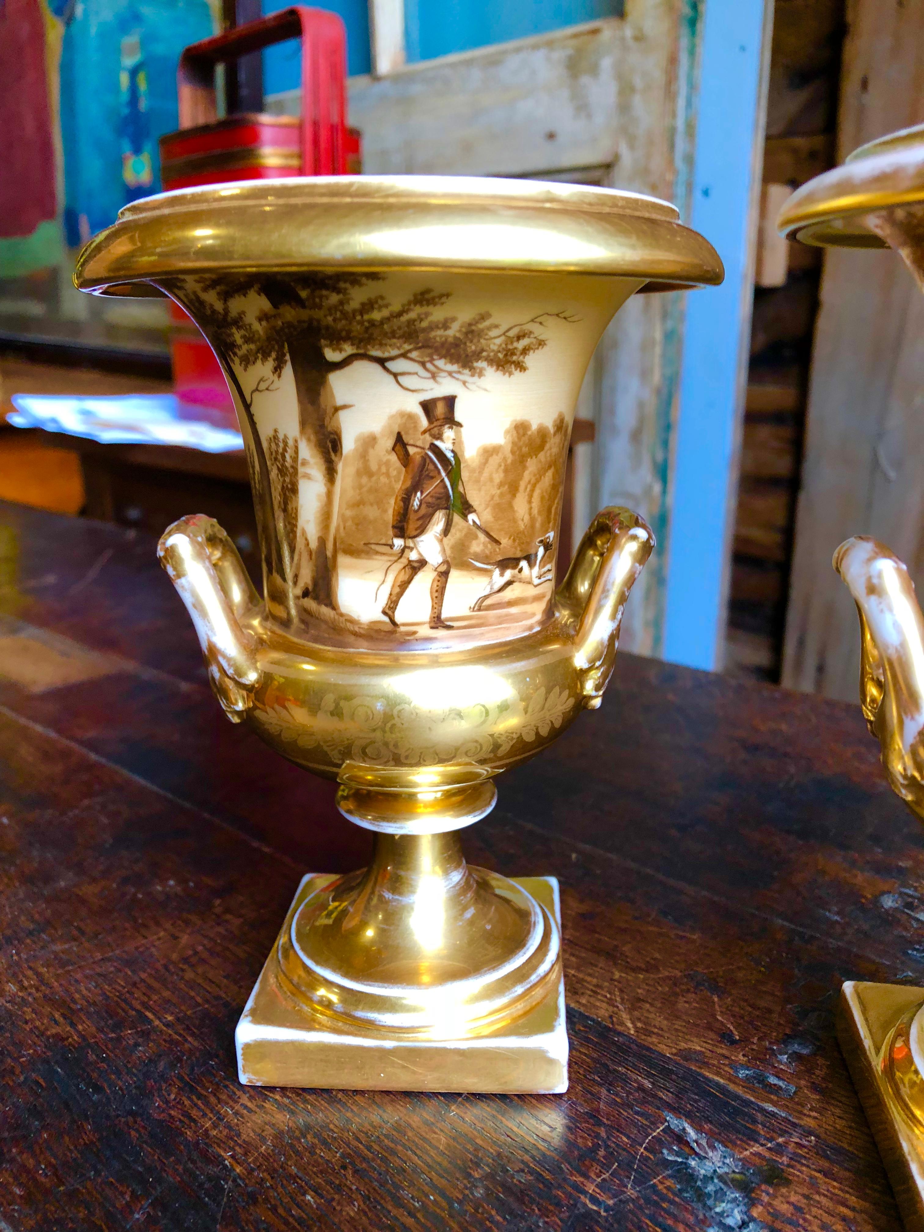 Charles X Pair of Old Paris Urns, Hunting Theme